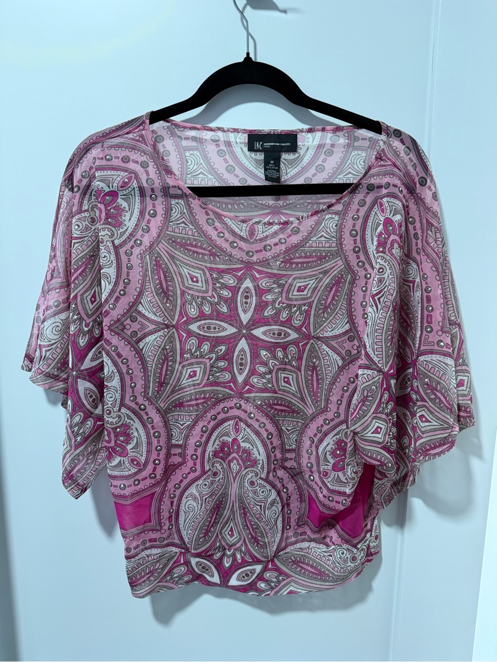 INC International Concepts Pink Paisley Scoop-Neck Flutter Top